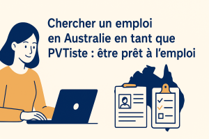 Illustration graphique pour article sur la recherche d'emploi en PVT Australie avec ordinateur et CV.